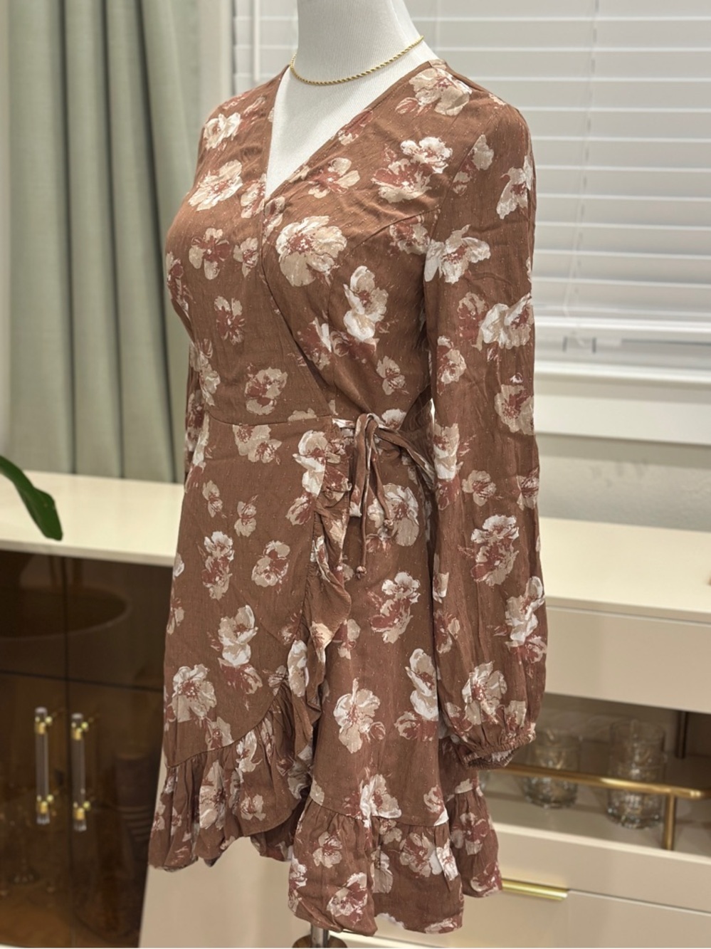 Altar'd State Brown Floral Wrap Dress with Ruffle Hem - Picture 7 of 11